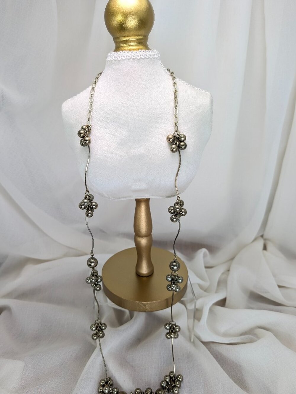 Long Silver Tone Station Necklace 36" Sculptural Modernist Bead Cluster Vintage